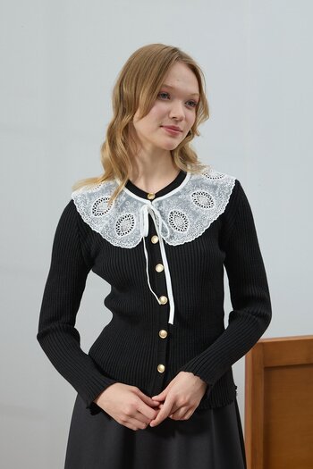 Ceylan Otantik Black and White Collared Knit Cardigan