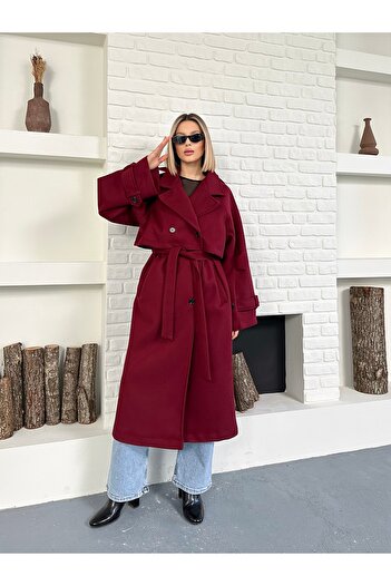 LE CARAMBOLE Women's Burgundy Premium Long Cashmere Coat with Shoulder Epaulettes