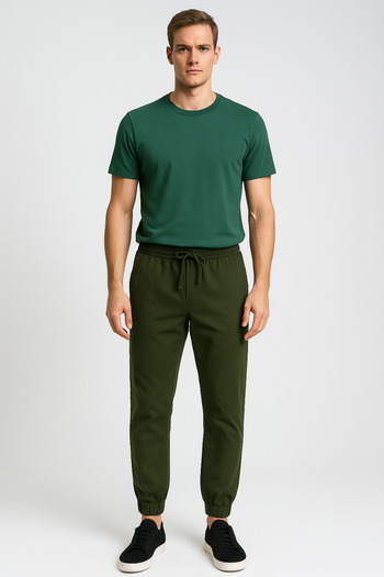 ASG TEKSTİL Khaki Color Plain Design Elasticated Legs Button Closure Slim Fit Men's Trousers