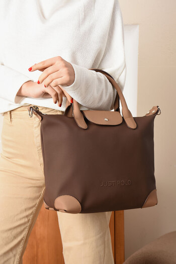 Just Polo Women's Large Size Sports Model Suitcase Size Long Strap Hand & Shoulder Bag Brown Tan 1106