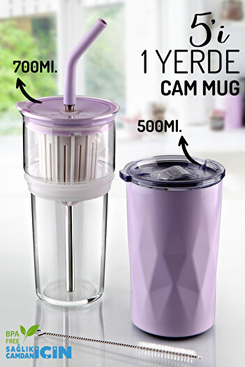 Nandy Home 5-in-1 Mug & Thermos Water Bottle with Straw – 700 ml / 500 ml – Multi-Purpose for Hot and Cold Drinks
