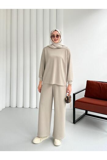 Hatun Atila Tunic with Zipper Detail on the Back and Wide-Leg Pants Set 8916 - Beige