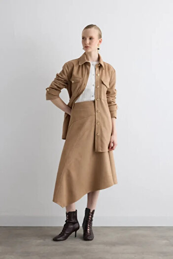 Gusto Asymmetrical Cut Suede Skirt - Beige