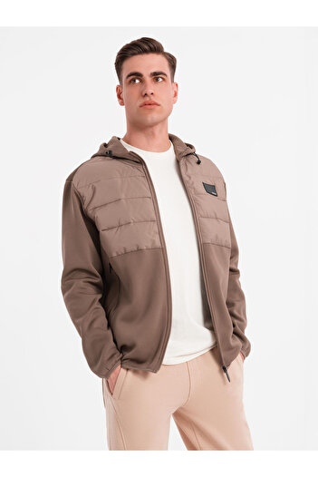 OMBRE Men's lightweight jacket with hood and decorative quilting - light brown V2 OM-JANP-0160