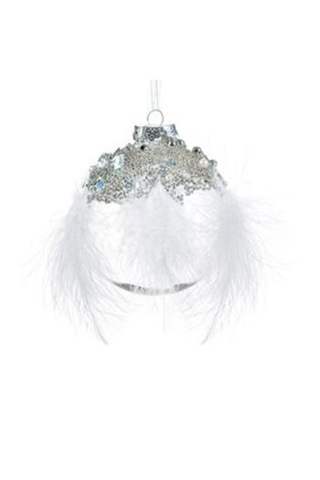 Jumbo Ornament de Crăciun cu glob transparent și pietre argintii și pene albe Ø8 ​​cm