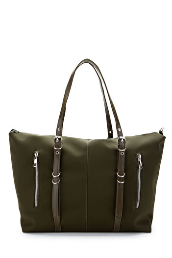 minebag Faux Leather Women's Shoulder Bag with Pocket Detail Glide Khaki