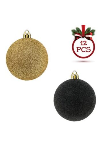 Silver Star Set Christmas Tree Globes Gold Black with Glitter Ø7 cm - 12 pcs