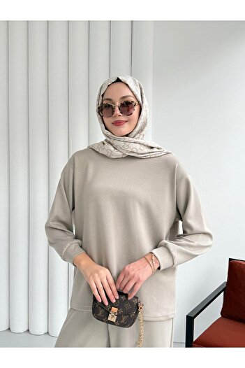Hatun Atila Tunic with Zipper Detail on the Back and Wide-Leg Pants Set 8916 - Beige