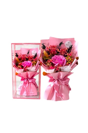 velve Love Bouquet, soap rose, lagurus, natural cryogenic gypsophila, handmade green plants, Pink