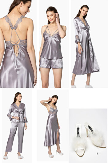 Mavelle Women's Royal 6-Piece Bridal Dowry Set Nightgown & Dressing Gown & Pajama Set & Shorts Set with Slippers as a Gift