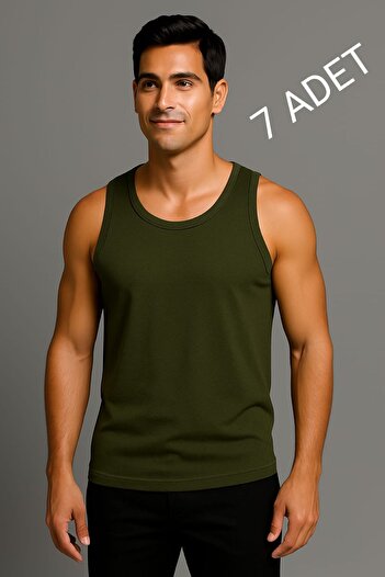 enmodaiçgiyim Green 7-Pack 100% Cotton Combed Classic Tank Top for Men – Breathable, Comfortable Fit, Casual