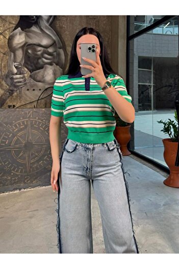 missswans Nida Polo Neck Striped Knitwear Short Sleeve Sweater Green