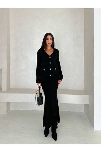 b buhari bykoc Long Sleeve Pocketed Button Detail Women's Knitwear Long Skirt Suit