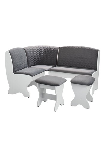 VENITIVO VINDEM CELOR INTELIGENTI Kitchen corner set with storage box, 2 stools, table, white with gray, 161.5 x 121.5 x 92 cm