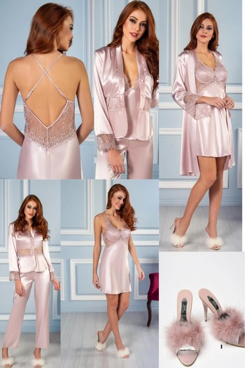 Mavelle Powder 6-Piece Bridal Dowry Set Satin Nightgown Dressing Gown Shorts Set Pajama Set with Slippers Gift