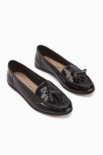 Limoya Doris Genuine Leather Black Metallic Tasseled Women's Loafer Shoes