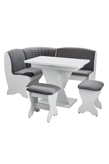 VENITIVO VINDEM CELOR INTELIGENTI Kitchen corner set with storage box, 2 stools, table, white with gray, 161.5 x 121.5 x 92 cm