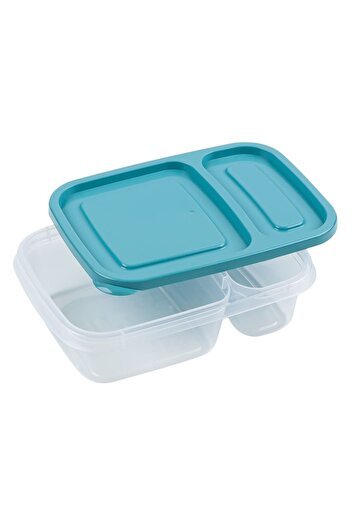 SHOPIENS Food container with 2 separate compartments, transparent plastic, Shopiens, blue lid, 750 ml