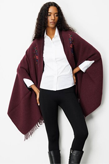 Desen Triko Women's Embroidered Collar, Sleeves Threaded Through, Large Wool Poncho, Dark Plum