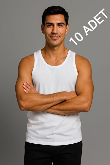 enmodaiçgiyim White 10-Pack 100% Cotton Combed Classic Tank Top for Men – Breathable, Comfortable Fit, Casual