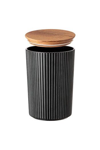 SHOPIENS Food Storage Container with Wooden Lid Shopiens®, Black Plastic Stripes, 900 ml