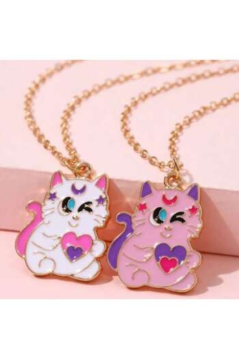 SYGGY Set 2 Chains Best Friend, With Pendant Cats, Cat BFF, Hearts, 45 cm