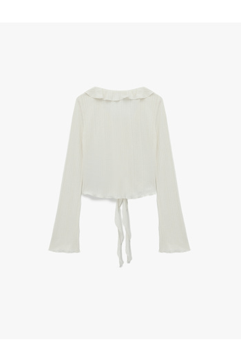 Koton Viscose Blend Ruffle Detail Buttoned V-Neck Slim Fit Long Sleeve T-Shirt