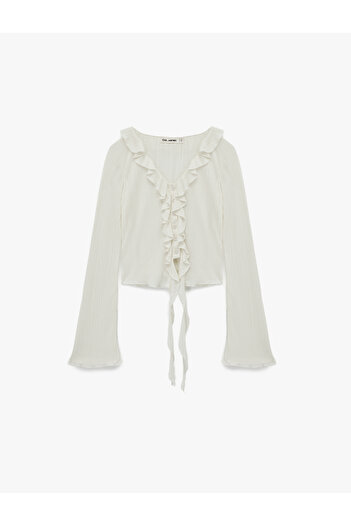 Koton Viscose Blend Ruffle Detail Buttoned V-Neck Slim Fit Long Sleeve T-Shirt