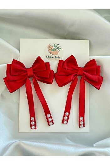 vikivin bebe Red Satin Ribbon Pearl Detailed 2-Piece Bow Tie Clip Set (4.5 cm Alligator Clip)