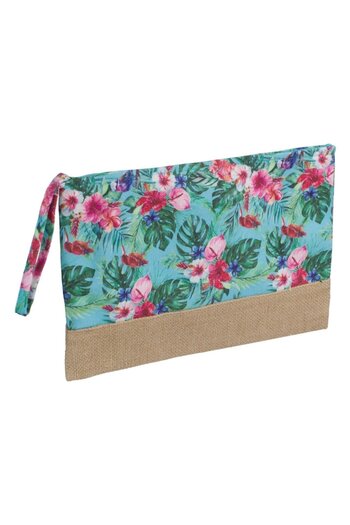 SHOPIENS Summer cosmetic bag Shopiens®, turquois floral textile with zipper and handle, 32 x 22 cm