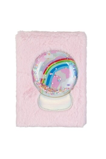 SHOPIENS Notes A5 80 Sheets Hard Cover Fancy with Pink Fur and 3D Rainbow Globe with Confetti