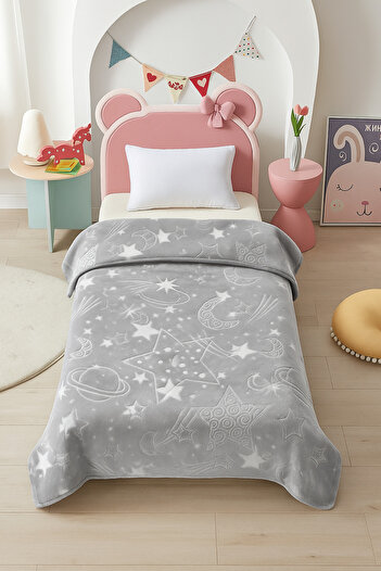 Blanket Grey Kids 140x110 cm – Soft Microfiber Bedding with Stars and Moon Embossed Pattern