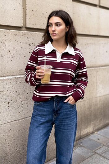 CHUBA Kadın Polo Yaka Çizgili Düğmeli Triko Kazak Rugby Shirt Bordo-Beyaz 26W3036