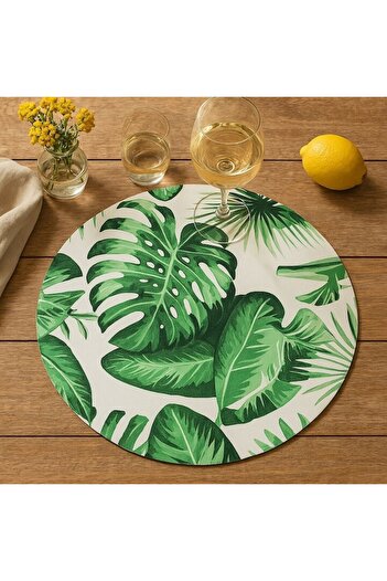 SHOPIENS Suport farfurie, Shopiens, Rotund, Polipropilena, Model de Vara Frunze Tropicale Verzi, Ø38cm
