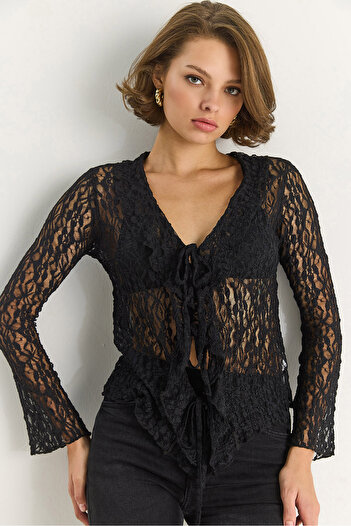 Bianco Lucci Women's V-Neck Front Tie Ruffle Detailed Lace Blouse De251012 60283573