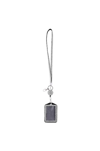 SHOPIENS Ecuson Legitimatie cu Snur Negru si Strass Argintiu, 7.8x5 cm, Elegant si Practic