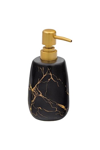 SHOPIENS Black Ceramic Liquid Soap Dispenser with Gold Stripes, 425 ml