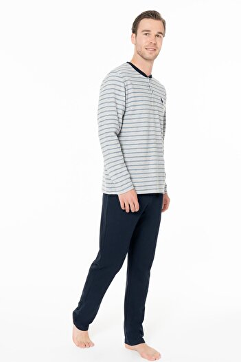 U.S. Polo Assn. Men's 2 Thread Winter Striped Long Sleeve Button down Collar Home Wear Pajama Set