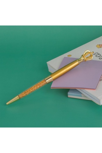 SHOPIENS Blue Ink Pen, Gold Glitter Body with Crown, 2x17 cm, Elegant and Royal