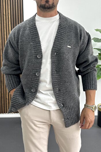 Edwox Men's Buttoned Relaxed Fit Cardigan Anthracite Edw416