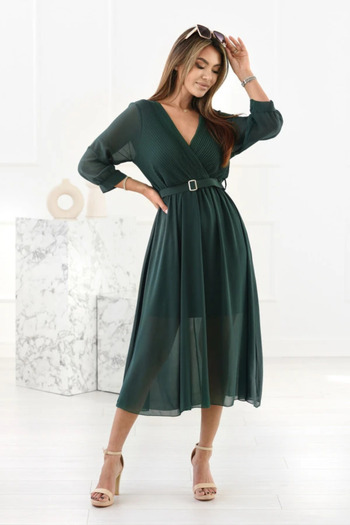 UniqueStore.ro Elegant green dress with wrap neckline and belt at the waist - One Size