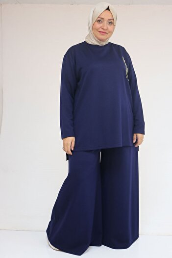 Eslina 57043 Plus Size Modal Pants Suit with Side Slits - Indigo