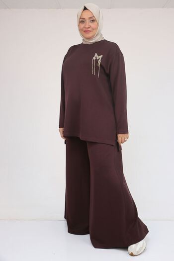 Eslina 57043 Plus Size Modal Pants Suit with Side Slits - Brown