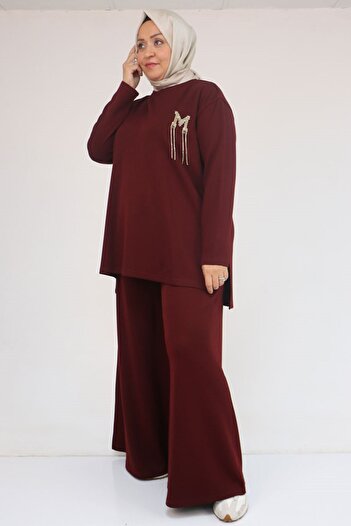 Eslina 57043 Plus Size Modal Pants Suit with Side Slits - Burgundy
