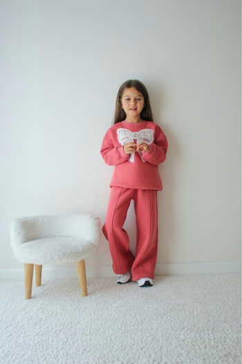 NURTOPU Girls' Set Top and Bottom Set Tracksuit 3-Thread Fleece Lined Thick Inside Winter Flexible and High Quality