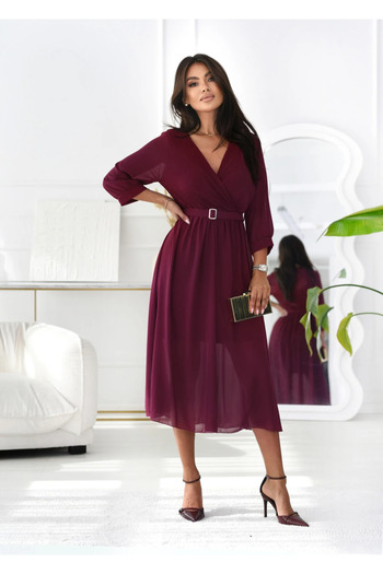 UniqueStore.ro Elegant burgundy dress with wrap neckline and waist belt - One Size