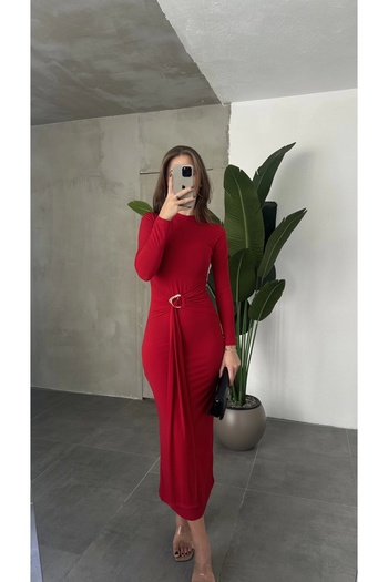 Asfa Moda Women's Red Zr Model Crew Neck Accessorized Belted Midi Length Candy Dress
