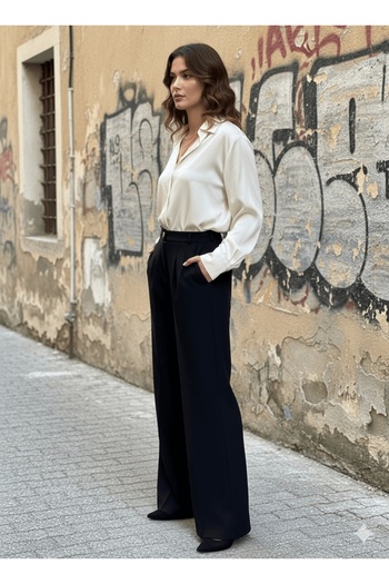 MetuCA Women's Black High Waist Pleated Palazzo Wide Leg Fabric Trousers