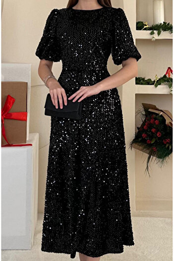 Afiş Butik Black Sequined Balloon Sleeve Midi Dress