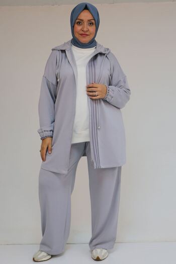 Eslina 57056 Plus Size Color Garnished Modal Trouser Suit - Gray